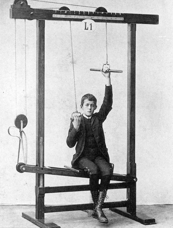 19th century fitness family: equipment like torture equipment gym like prison room (Figure)