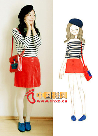 Black and white striped T-shirt with red skirt, black hat and dark blue flat shoes