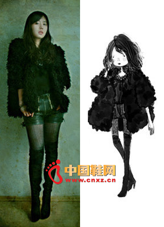 The cape type black wool coat is very sensuous, black stockings are very sexy