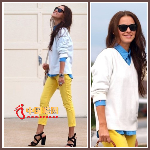 The contrasting colors of blue and bright yellow were perfectly neutralized by MM with a large-colored white sweater.