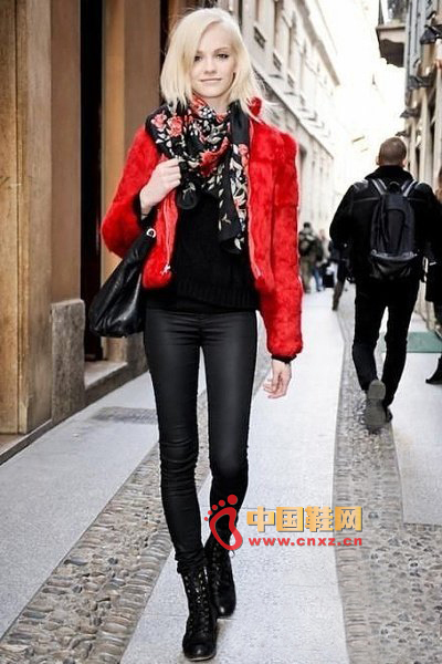 Red Fur Jacket + Black Leather Pants