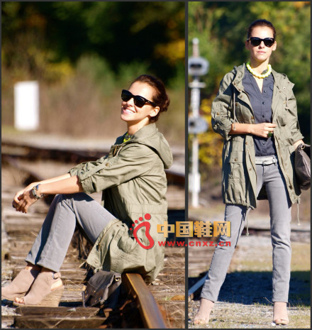 Military green uniform hooded jacket, with a waist effect at the waist