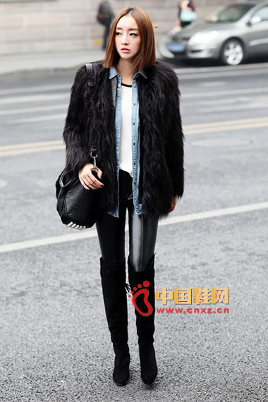 Black fur coat, denim shirt, white T-shirt, leather pants, black knee boots