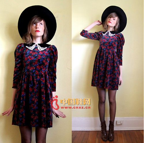 Floral dress is the favorite of spring, doll collar design, with easy to look good, black top hat