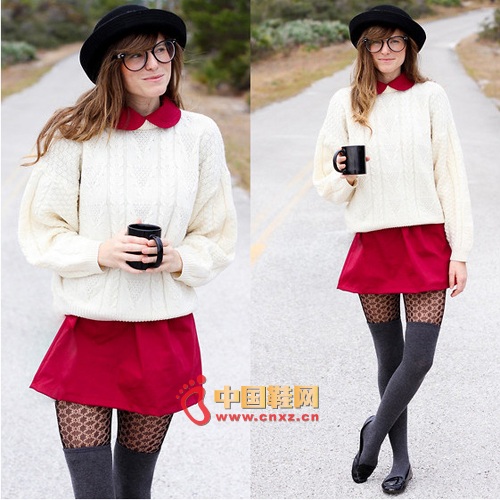White short knit sweater with red skirt, doll collar design is more vibrant