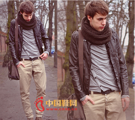 Very characteristic gray T-shirt, oblique buckle, outside the black leather jacket, choose such a casual trousers with leather clothes
