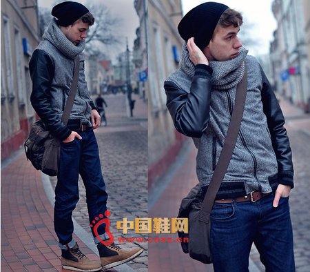 Black and grey colourblock jacket with a rolled-up jeans and a woolen cap
