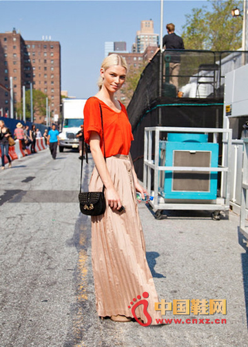 Orange T-shirt + nude color dress