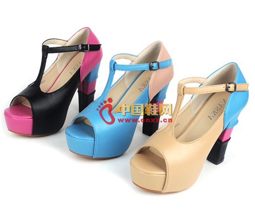 Colorblock T-type waterproof platform high heels