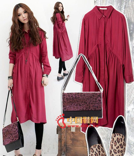 Red long shirt dress, very tasteful, high rate of return Oh, with Leopard shoes and bags