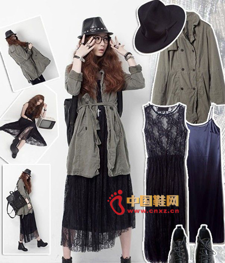 A casual mid-length windbreaker, with a lace dress dress, becomes very savory