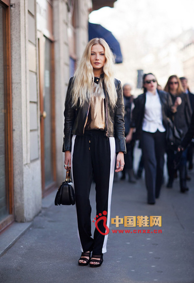 Black leather + fight color casual trousers