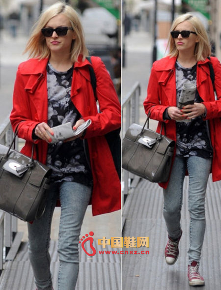 Red sneakers + bright red trench coat