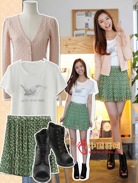 Green floral skirt, very fresh, with a white T-shirt and pink cardigan