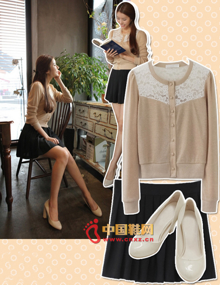 Lace stitching cardigan, more feminine, with pleated little black dress, warm and generous.