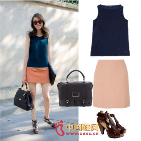 Navy blue sleeveless shirt with pale pink miniskirt, is a softer hit color matching