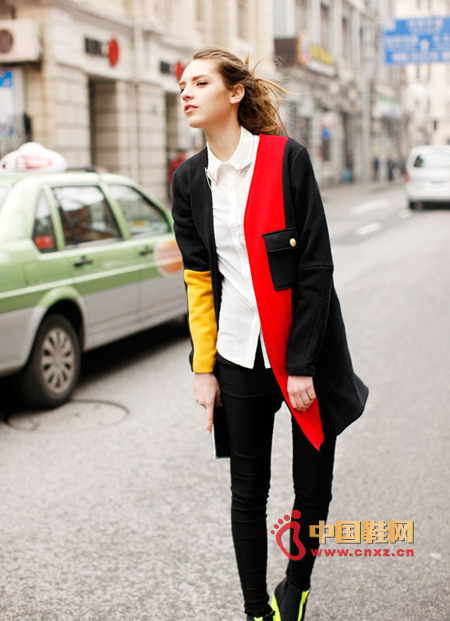 Unique color matching jacket, black with red and yellow, irregular stitching, hidden pockets
