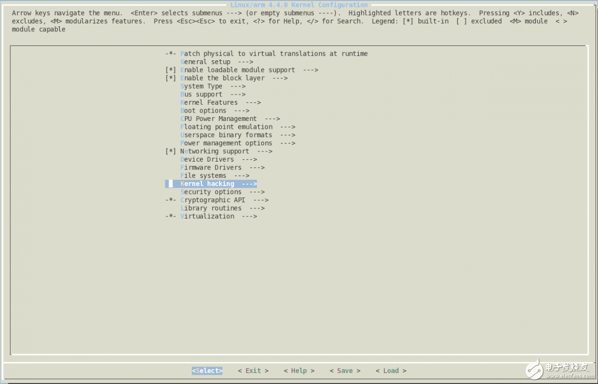 Figure 5 shows the kernel configuration panel of the Kernel Hacking item.