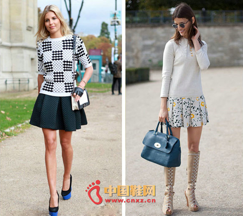 Light-colored sweaters with short skirts can make the overall look very slim