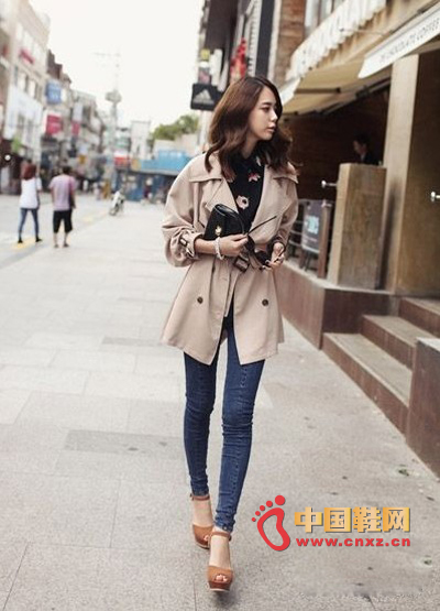 Light-colored long slim trench coat