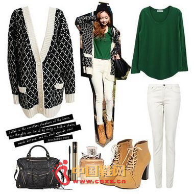 Dark green sweater + white denim pants + Lingge sweater cardigan