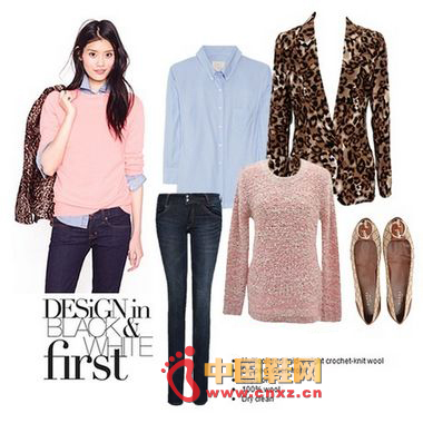 Pink Cardigan + Light Blue Collar Shirt + Leopard Print Blazer + Dark Slim Jeans
