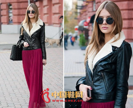 Wine-red field dress with lambskin black leather jacket