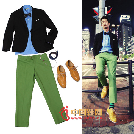 Black suit + blue shirt + green trousers