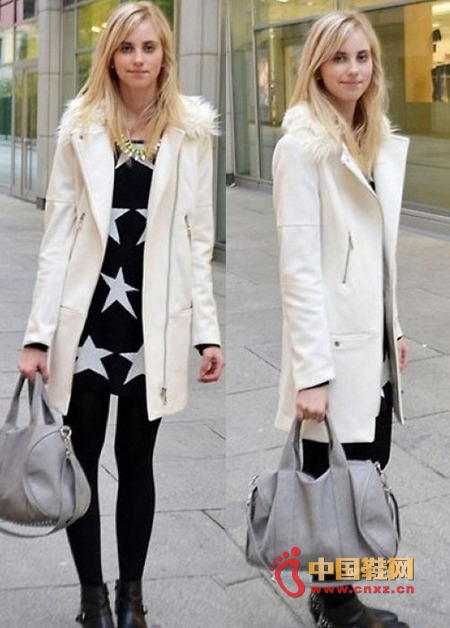 Elegant white long coat, simple pattern, small lapels and soft rabbit hair edges