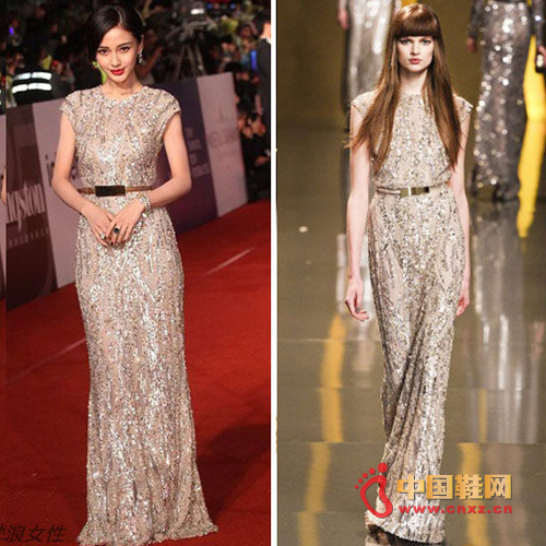 Angelababy dressed in Ellie Saab2012 autumn and winter series silver long dress debut red carpet