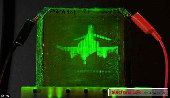 This is a refreshable hologram of the F-4 ghost jet produced by a photorefractive polymer, which can be seen without 3D glasses.