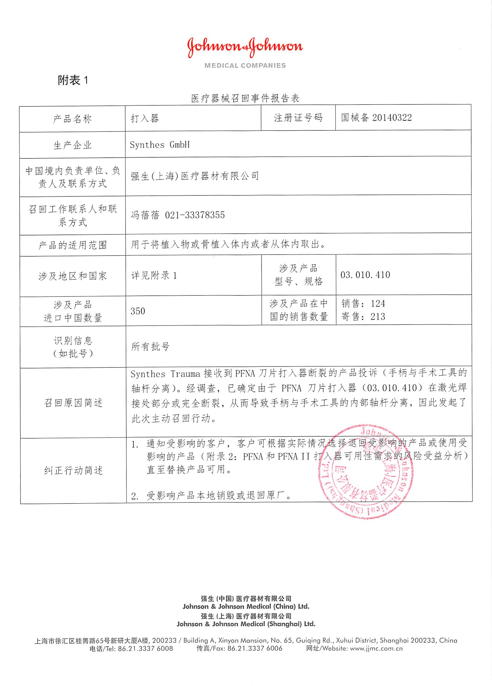 å¼ºç”ŸåŒ»ç–—å™¨ææœ‰é™å…¬å¸ä¸»åŠ¨å¬å›žPFNAåˆ€ç‰‡æ‰“å…¥å™¨