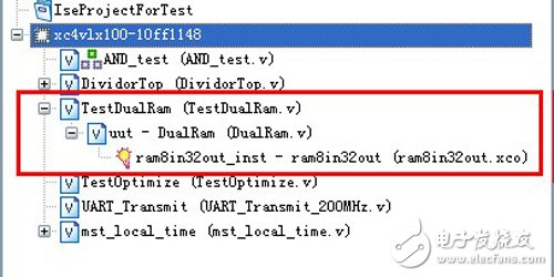 TestDualRam in the red box is a .v file of type Verilog Test Fixture