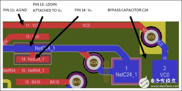 Figure 2. MAX14921 pin 14 bypass capacitor layout.