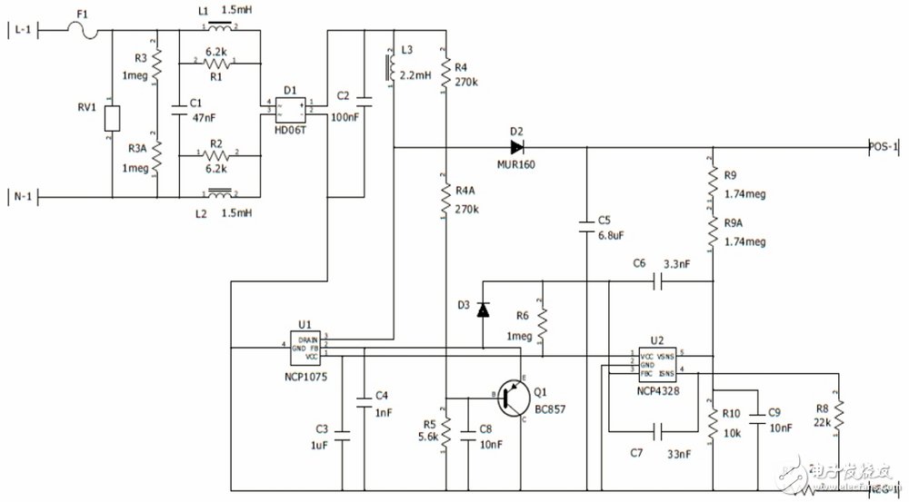 Figure 2: A diagram of the boost LED driver circuit based on the NCP1075 and NCP4328A.