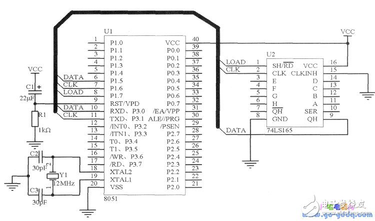 Parallel data input with 74LS165 driven by microcontroller I/O port