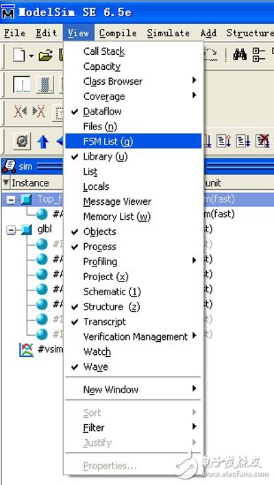 Execute the View---FSM list command in ModelSim