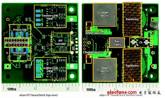 Figure 5: Top and bottom views (in inches) of a 48V to 53V half-brick PSE converter designed with eGaN FETs. (electronic system design)