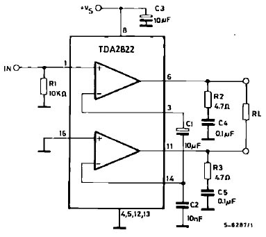 Stereo mini power amplifier made with TDA2822