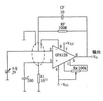 Circuit diagram of charge amplifier formed by OPA128