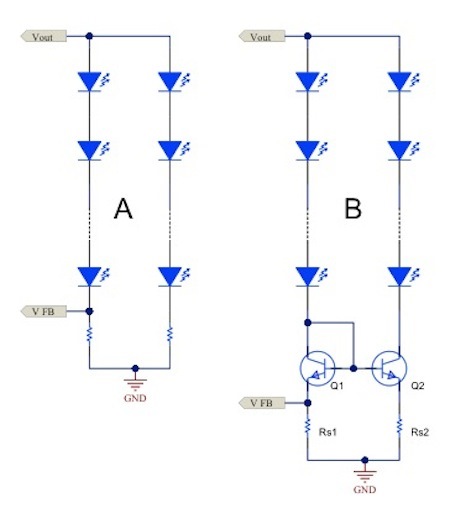 Current mirror (B) offers various advantages for simple resistor current regulation (A)