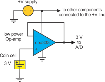 Connect OPA333 unity gain amplifier to monitor button battery voltage