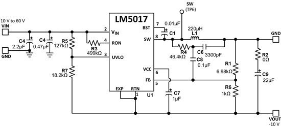 10V~60V input to -10V output, 300mA reverse voltage buck-boost application circuit