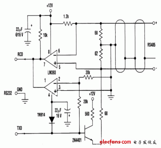RS232â€”RS485 three-wire converter schematic