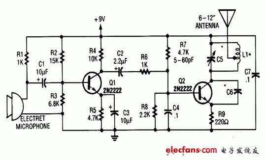 Simple 9V wireless microphone FM transmitter circuit