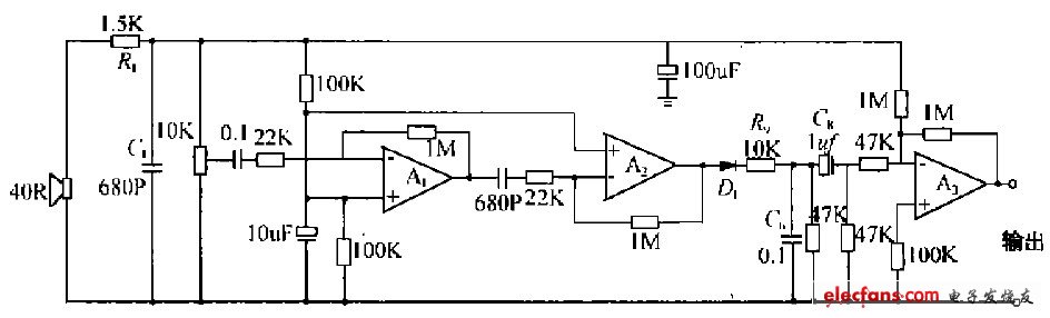 Ultrasonic receiving circuit composed of an operational amplifier