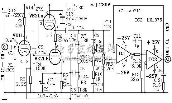 Circuit diagram of 25W hybrid Hi-Fi amplifier with tone control