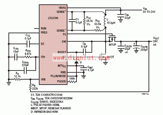 LTC3786 high efficiency 24V boost converter circuit with inductor DCR current detection