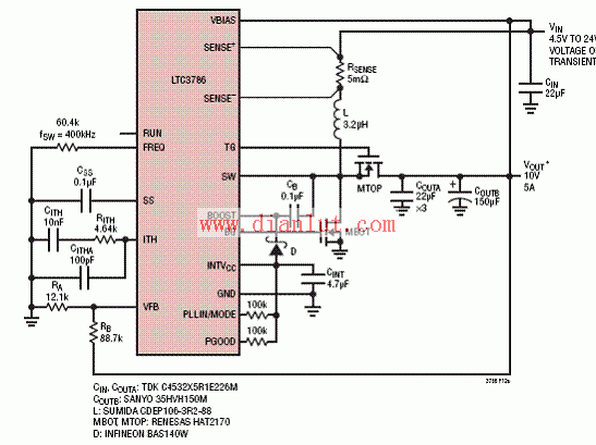 LTC3786 high efficiency 10V boost converter circuit