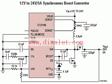 LTC3786 12V-24V/5A Synchronous Boost Converter Circuit